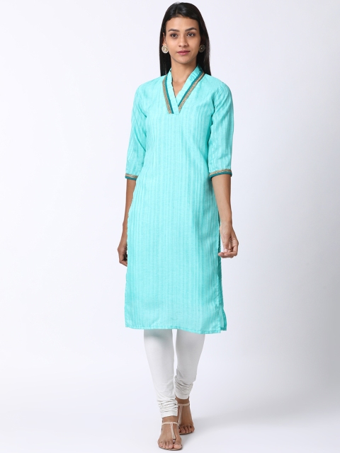 

Heart of Gold Women Turquoise Blue Striped Straight Kurta