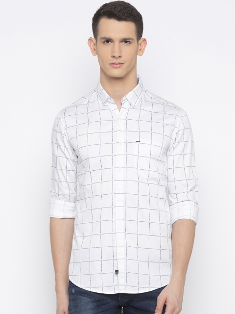 Men White & Navy Blue Slim Fit Checked Casual Shirt