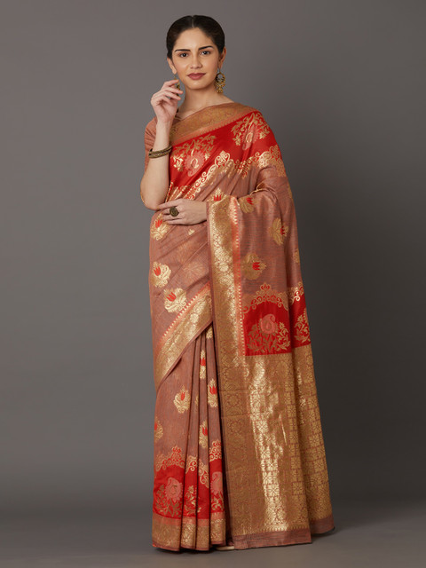 

Mitera Orange & Gold-Coloured Silk Blend Woven Design Kanjeevaram Saree