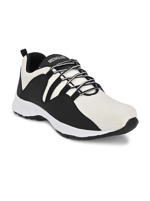 

MENGLER Men Off-White & Black Mesh Running Shoes