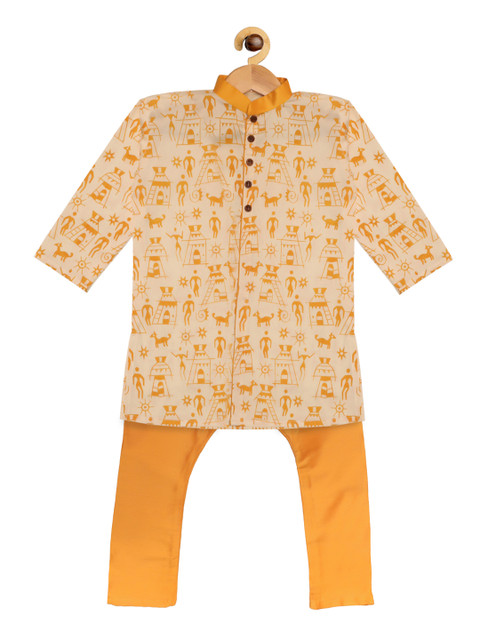 

SOULFULLY INDIAN Boys Cream-Coloured & Mustard Printed Kurta with Pyjamas