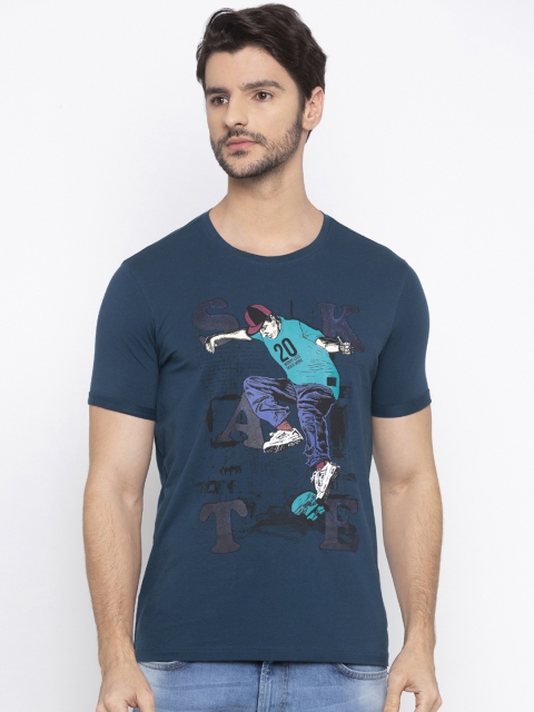 

SPYKAR Men Teal Blue Printed Round Neck T-shirt