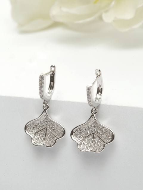 

AVANT-GARDE PARIS Silver-Toned Rhodium-Plated CZ Studded Leaf Shaped Drop Earrings