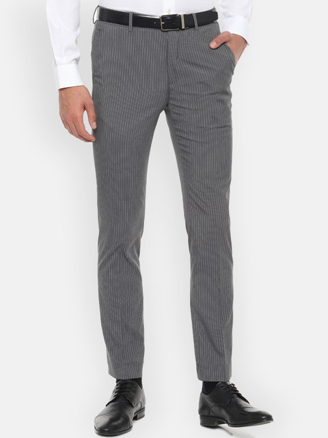 

Louis Philippe Men Grey & White Slim Fit Striped Regular Trousers