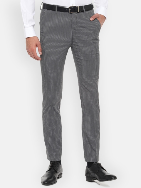 

Louis Philippe Men Grey & White Slim Fit Striped Regular Trousers