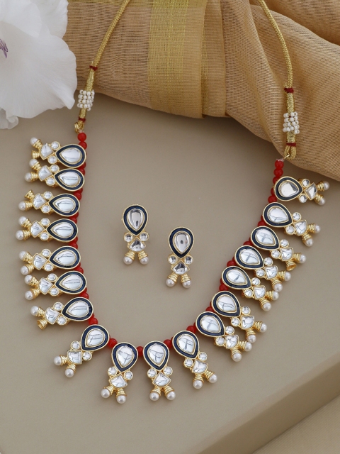 

Shoshaa Gold-Plated White & Blue Kundan-Studded Beaded Enamelled Jewellery Set