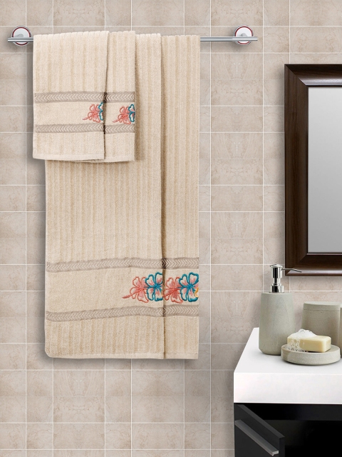 

HOSTA HOMES Set Of 4 Beige Self Striped Pure Cotton 500 GSM Couple Towels