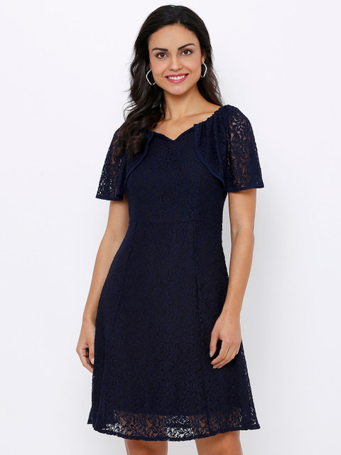 

Soie Women Navy Blue Self Design Fit and Flare Dress