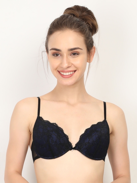 

WOMENSECRET Navy Blue Lace-Detailed Underwired Lightly Padded Everyday Bra