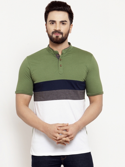 

Kalt Men Olive Green & White Colourblocked Mandarin Collar T-shirt