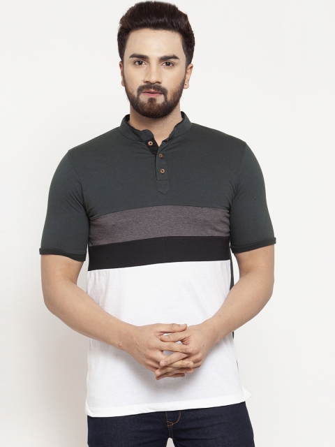

Kalt Men Olive Green & White Colourblocked Mandarin Collar T-shirt