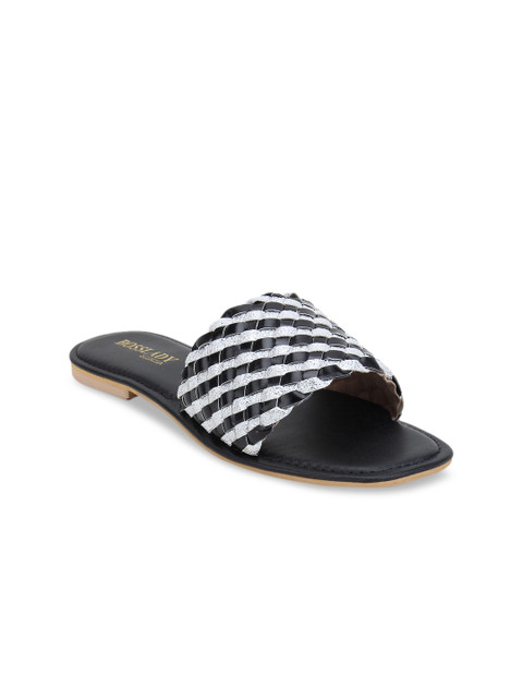 

SCENTRA Women Black & Silver-Toned Solid Open Toe Flats