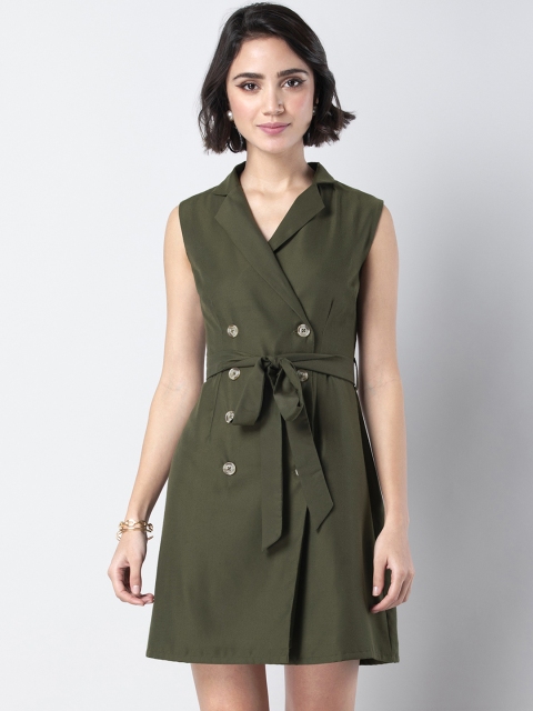 

FabAlley Women Olive Green Solid Shirt Dress