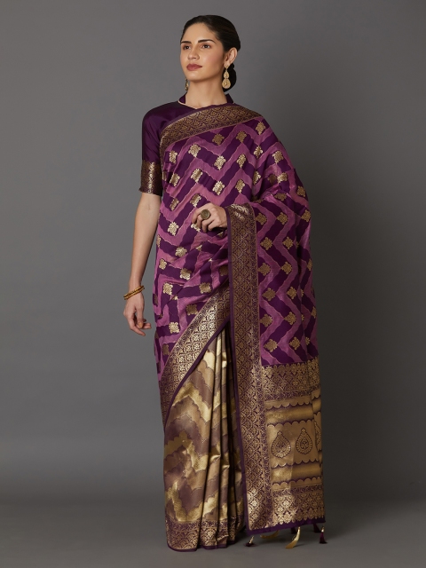 

Mitera Purple & Gold-Toned Silk Blend Woven Design Kanjeevaram Saree