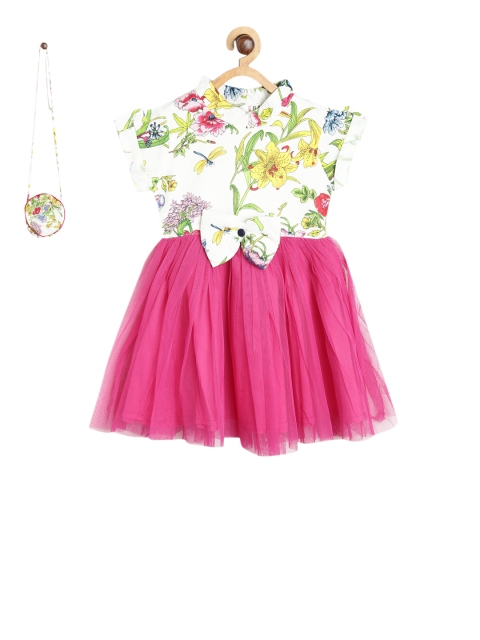 

Bella Moda Girls White Printed Fit and Flare Dress with a Sling Bag
