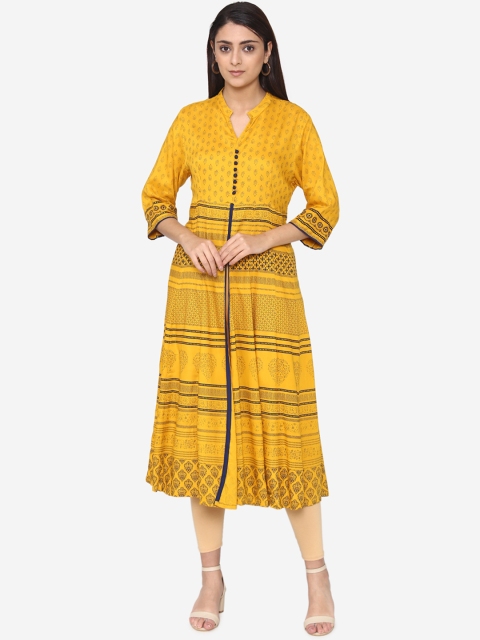 

Laabha Women Yellow & Navy Blue Printed A-Line Kurta