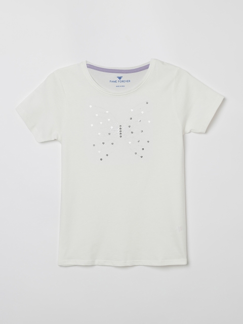 

Fame Forever by Lifestyle Girls Off-White Embellished Pure Cotton Top