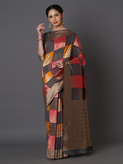 

Mitera Black & Pink Silk Blend Woven Design Kanjeevaram Saree