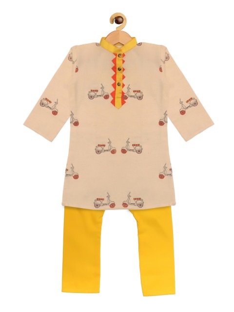 

SOULFULLY INDIAN Boys Cream-Coloured & Yellow Printed Kurta with Pyjamas