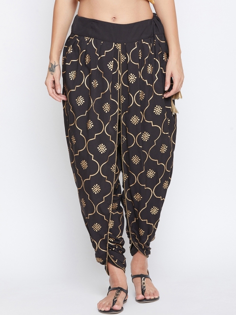

9rasa Women Black & Gold-Coloured Crepe Dhoti Pants With Hand Block Print