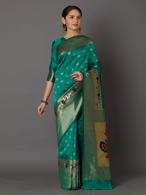 

Mitera Green & Gold-Toned Silk Blend Woven Design Kanjeevaram Saree