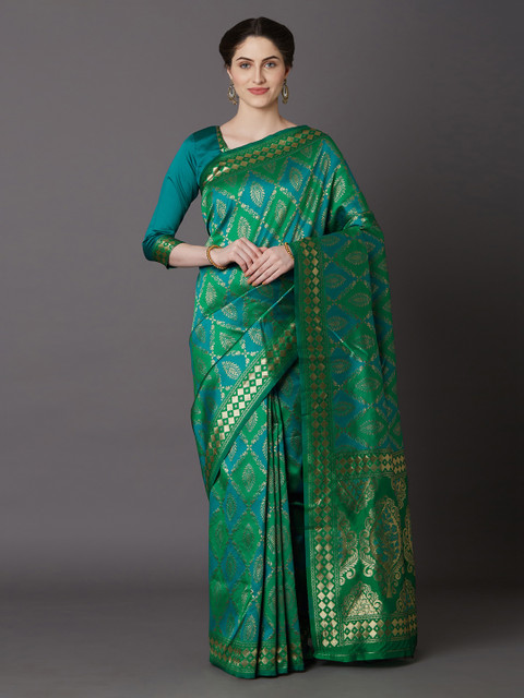 

Mitera Green Silk Blend Woven Design Kanjeevaram Saree