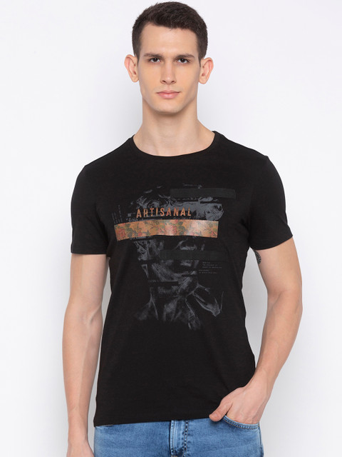 

SPYKAR Men Black & Copper-Coloured Printed Round Neck T-shirt