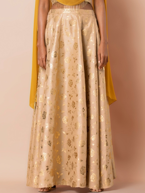 

INDYA Women Beige & Gold-Toned Floral Printed Flared Panelled Maxi Skirt