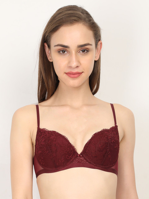 

WOMENSECRET Burgundy Lace-Detailed Non-Wired Lightly Padded Push-Up Bra