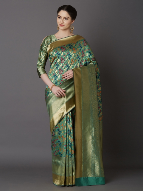 

Mitera Green & Gold-Toned Silk Blend Woven Design Kanjeevaram Saree