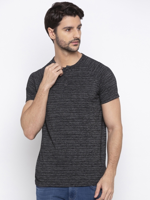 

SPYKAR Men Black Striped Henley Neck T-shirt
