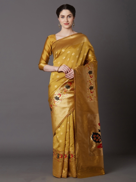 

Mitera Yellow Silk Blend Woven Design Kanjeevaram Saree