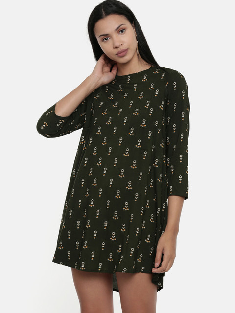 

Chumbak Women Olive Green Printed A-Line Dress
