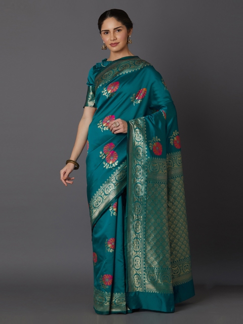 

Mitera Teal & Gold-Toned Silk Blend Woven Design Kanjeevaram Saree