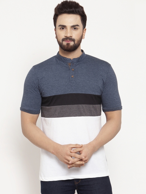 

Kalt Men Blue & White Colourblocked Mandarin Collar T-shirt
