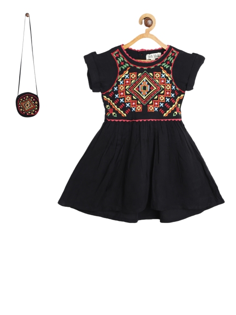 

Bella Moda Girls Black Embroidered Fit and Flare Dress with a Sling Bag