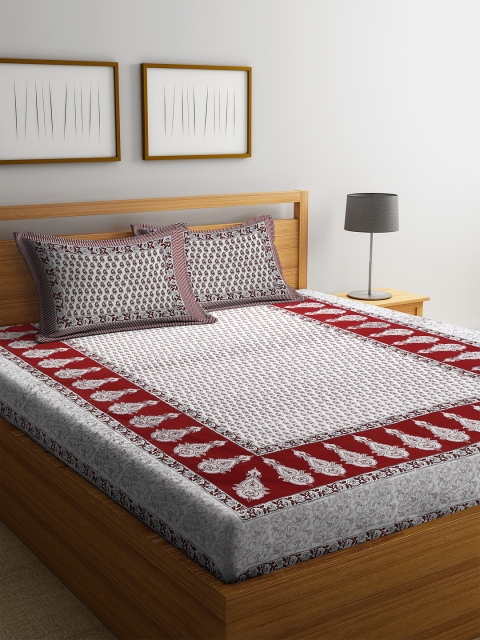 

Rajasthan Decor White & Red Ethnic Motifs 144 TC Cotton 1 Queen Bedsheet with 2 Pillow Covers