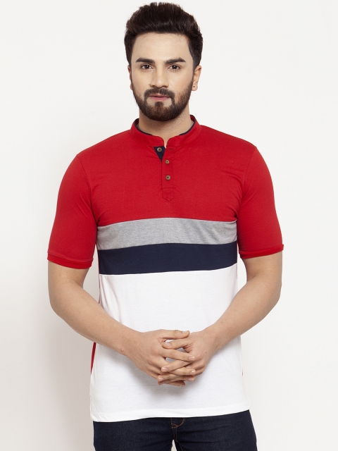 

Kalt Men Red & White Colourblocked Mandarin Collar T-shirt
