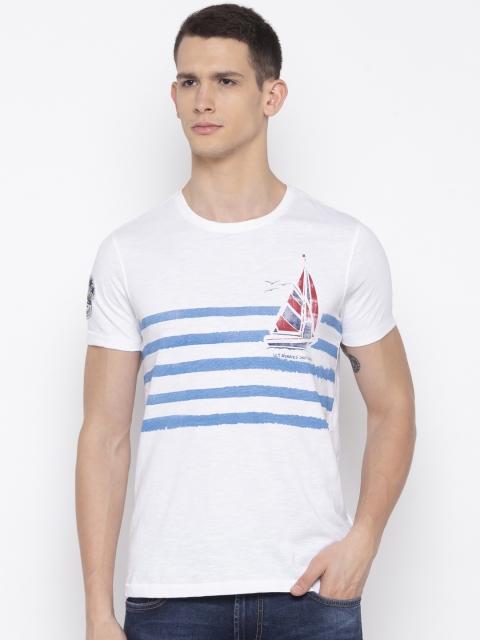 

SPYKAR Men White Striped Round Neck T-shirt