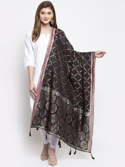 

Sugathari Black & Silver-Coloured Woven Design Dupatta