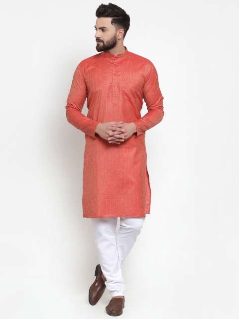 

Jompers Men Orange & White Self Design Kurta with Churidar