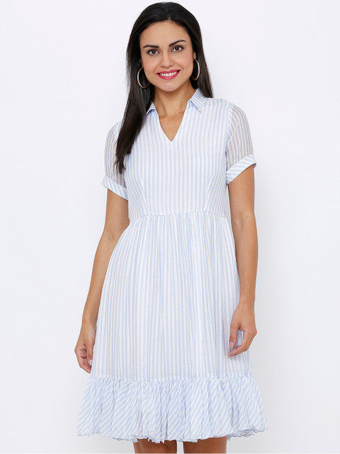 

Soie Women Blue Striped Fit and Flare Dress