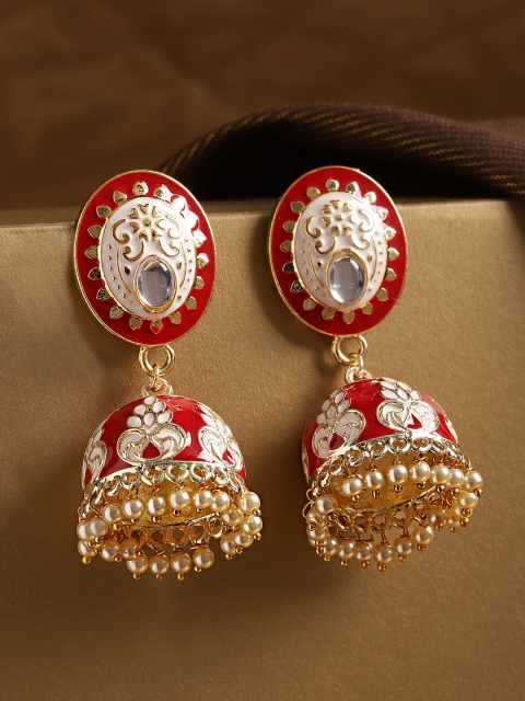 

Kairi Gold-Plated & Red Kundan Studded Dome Shaped Jhumkas