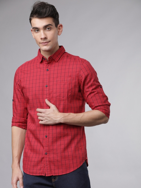Ecko Unltd Men Red & Navy Blue Slim Fit Checked Casual Shirt