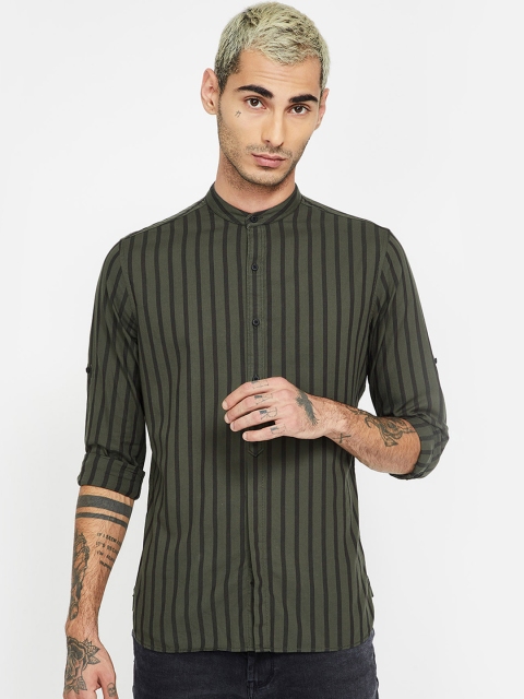 

Bossini Men Olive Green & Black Regular Fit Striped Casual Shirt