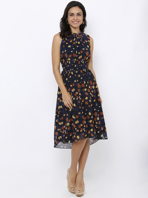 

Soie Women Navy Blue Printed Fit and Flare Dress