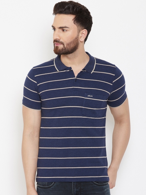 

Adobe Men Navy Blue & Beige Striped Polo Collar T-shirt