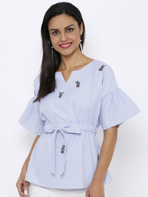 

Soie Women Blue & White Striped Peplum Top