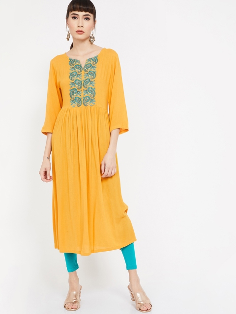 

Melange by Lifestyle Women Mustard Yellow Embroidered A-Line Kurta