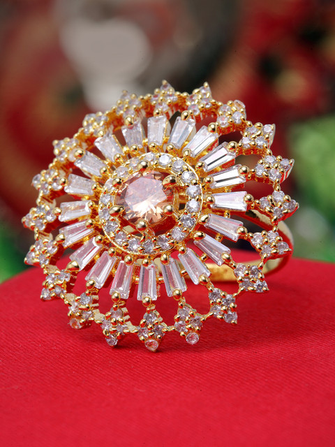 

Bhana Fashion Gold-Plated & White CZ Stone-Studded American Diamond Handcrafted Finger Ring